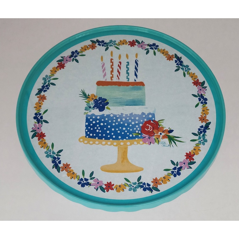 Pioneer Woman Birthday Cake Stand Melamine Teal 10.5in New Floral Scallop - Picture 2 of 9